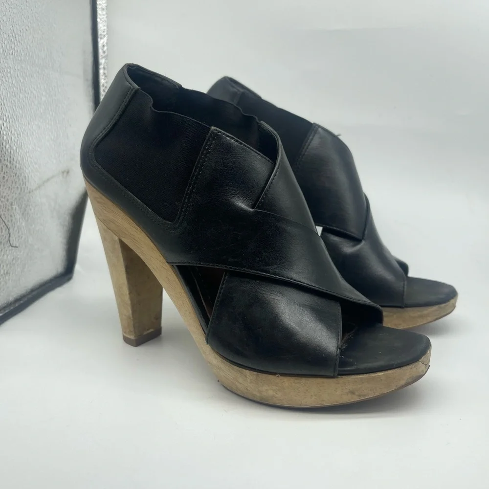 Theory Shoes Heels Black Leather Wrap Wooden Wood Heeled Sandals Size 8 Womens